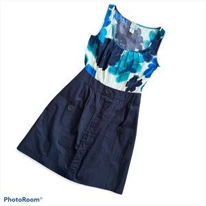 ANTHROPOLOGIE TABITHA SILK BLUE POCKET DRESS, SIDE ZIPPER, FLORAL, SIZE 8